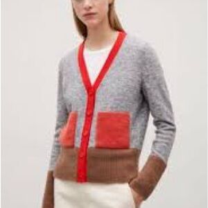 COS Gray and Red Cardigan Color Block Wool Sweater size L